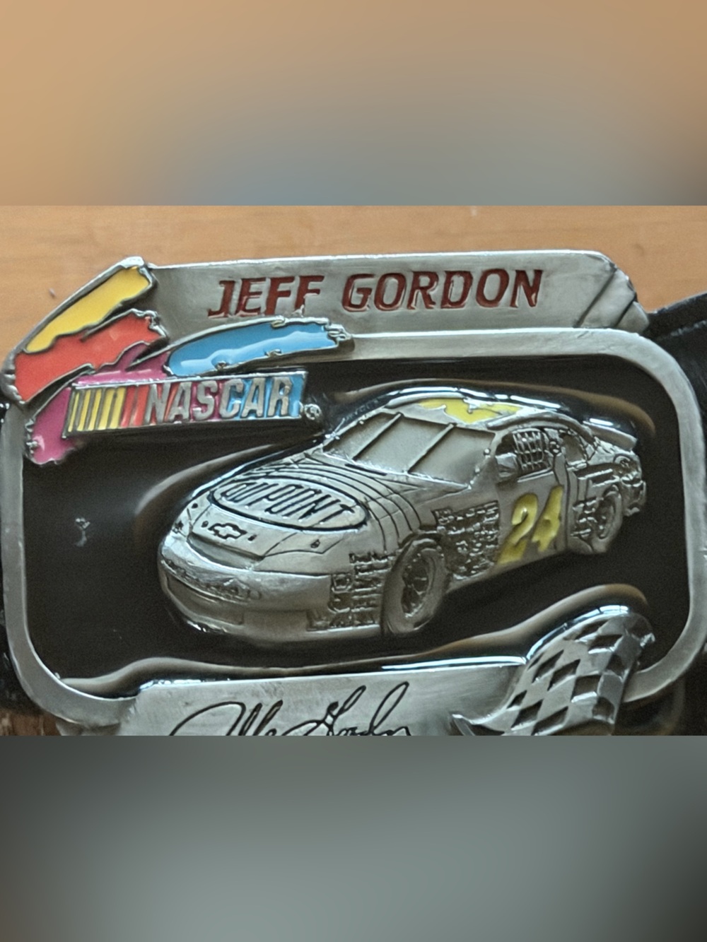 Nascar Jeff Gordon Silver Belt Buckle with Red Yellow Blue and Pink Accents